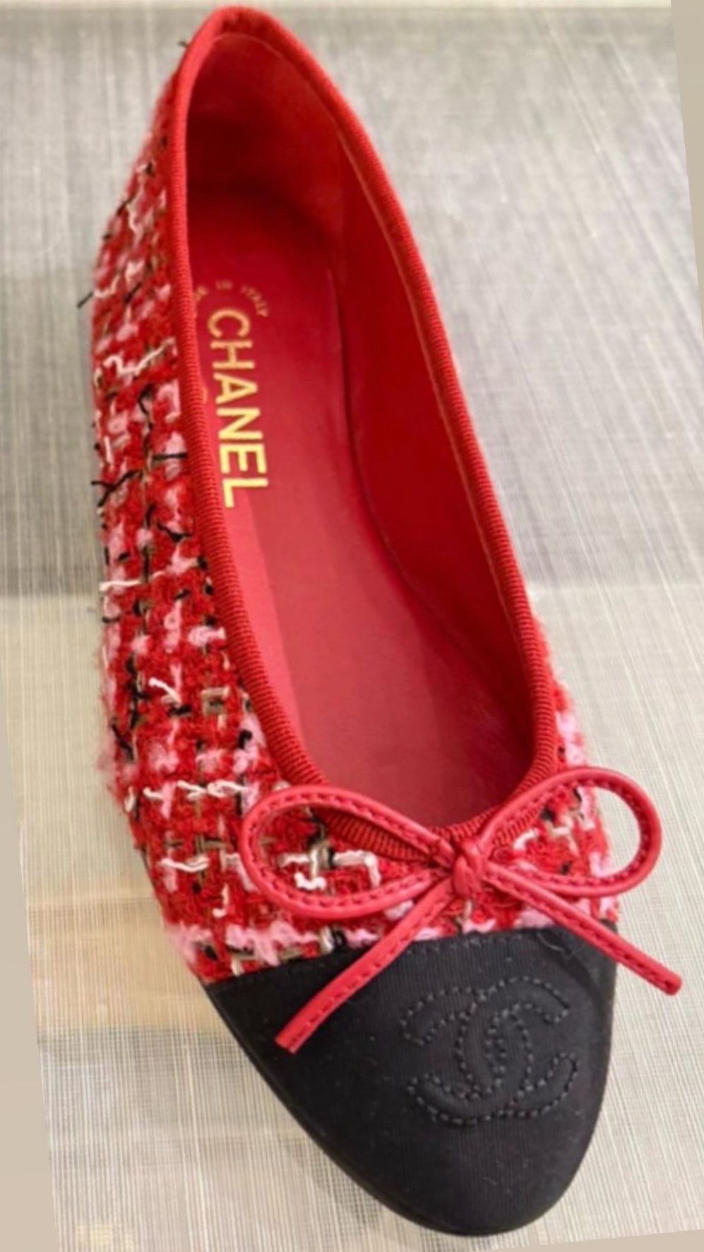 Chanel Red Tweed Ballet Flats with Black Cap Toe - Image 2